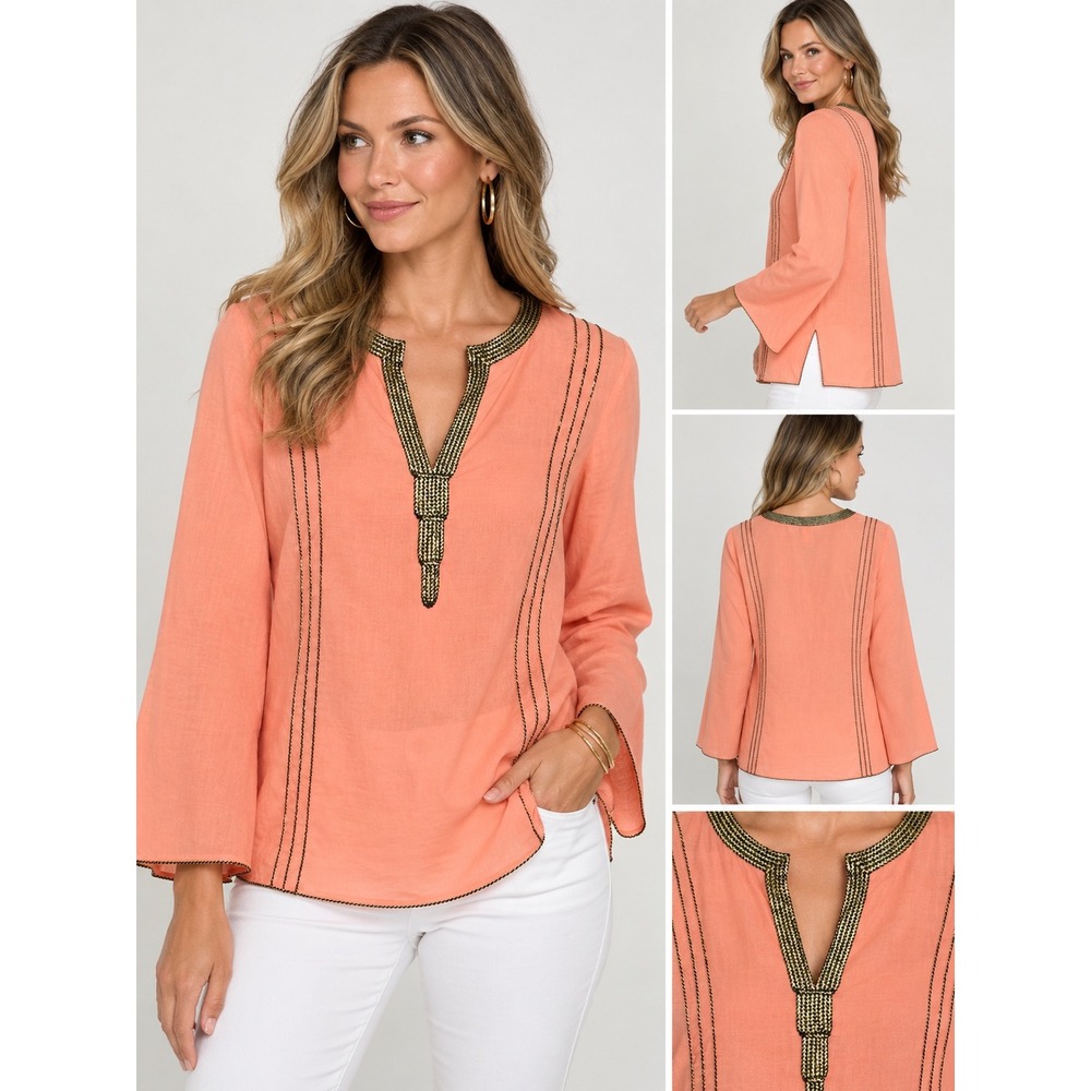 Tory Burch Tunic Top Women's 4 Coral Peach Cotton Metallic Gold Trim Bell Sleeve